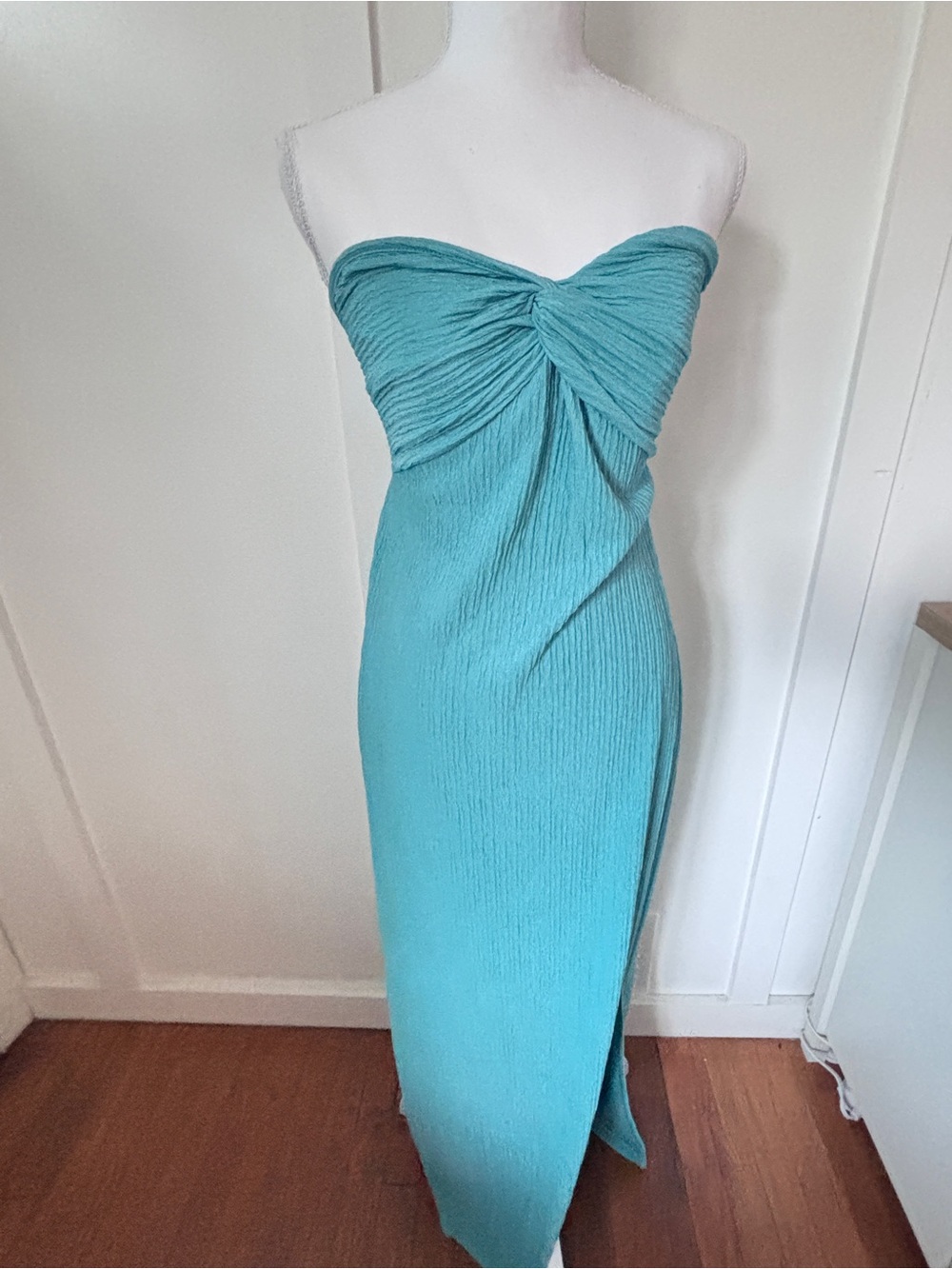 Strapless Twist-Front Turquoise Maxi Dress
